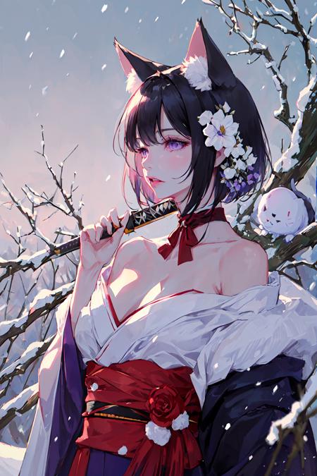 masterpiece, intricate detail,best quality,  <lora:BM94199:0.8>1girl, solo, animal ears, weapon, sword, black hair, hair ornament, flower, snow, hair flower, katana, breasts, bare shoulders, japanese clothes, snowing, bangs, upper body, animal ear fluff, off shoulder, closed mouth, kimono, branch, extra ears, cleavage, detached collar, makeup, medium hair, sheath, red flower, lips, blurry background, ribbon, medium breasts, blurry, sheathed, short hair, winter, purple eyes, cat ears