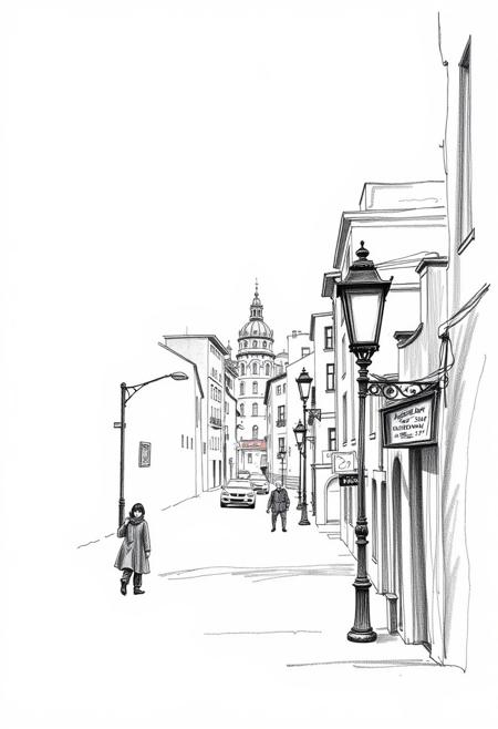 Hand-drawn sketch, classic black and white. Humanist photography, black and white imagery, urban landscapes, timeless and elegant style, rough lines, textured pencil strokes, white background, mid-20th-century aesthetic.
