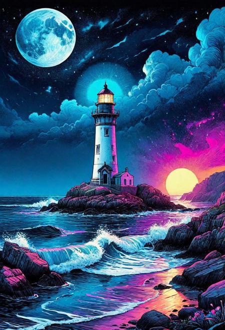 A coastal English lighthouse on a rocky shore, where crashing waves provide a rhythmic serenade, <lora:blacklight_makeup_v2:0.7> blacklight makeup, <lora:InkArtXL_1.2:0.7> ink art, line art, <lora:RMSDXL_Creative:0.4>