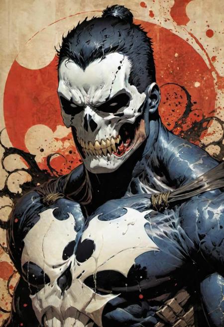 by Jim Lee,(strange but extremely beautiful:1.4),(masterpiece, best quality:1.4),in the style of nicola samori,the punisher venom,  Ukiyo-e Art