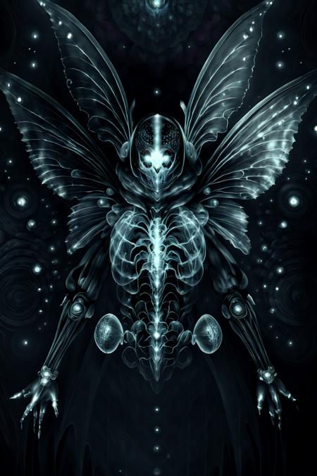 ,<lora:xray_v1-000017:0.8>, x-ray,  dark fairy with big bug eyes, dark background, hyper-detailed, low contrast, atmospheric, dark shadows, intricate, 8k render, art by OVERMASKED, <lora:kaijin_v1_mix:1> , 1kaijin,