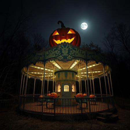 A professional photo of a defunct carousel, shaped like a giant pumpkin, with smaller pumpkin seats inside it. The giant pumpkin that sits on top of the roof of the carousel has a laughing expression carved into it. The carousel sits in an abandoned overgrown theme park. It is a moonlit night. The place is dark, except for eery lights of the carousel, which gives it a spooky atmosphere. The phot is shot at a dutch angle.