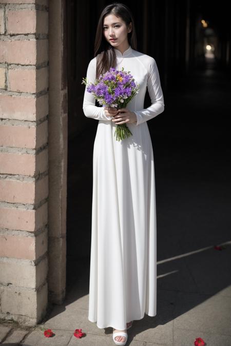 1girl, aodai white, photo art, (flower:1.2), <lora:aodai_white_SD_chiasedamme_v01:0.6>, a stunning photo with beautiful saturation, ultra high res,(realistic:1.4)),deep shadow,(best quality, masterpiece), pale skin, dimly lit, shade, flustered, blush, highly detailed, skinny, BREAK depth of field, film grain, wrinkled skin, looking at viewer, knee, warm smile, (full body:1.2) masterpiece,ultra realistic,32k,extremely detailed CG unity 8k wallpaper, best quality