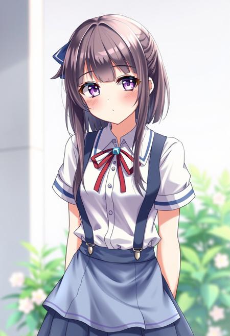 1girl, Angela White, solo, tokyo-3 middle school uniform,  shirt, short sleeves, suspender skirt, neck ribbon,, ultra detailed, masterpiece, best quality, aesthetic, detailed,