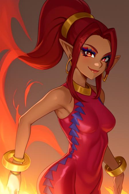 din, long red hair,pointy ears,red eyes,ponytail,makeup,
red bodysuit, jewelry,bracelet,bangle,neck ring,earrings,sandals,skin tight, unitard,
standing, upper body, smiling,
flames in background, 
(insanely detailed, beautiful detailed face, masterpiece, detailed eyes, best quality), 
 <lora:din:0.8>