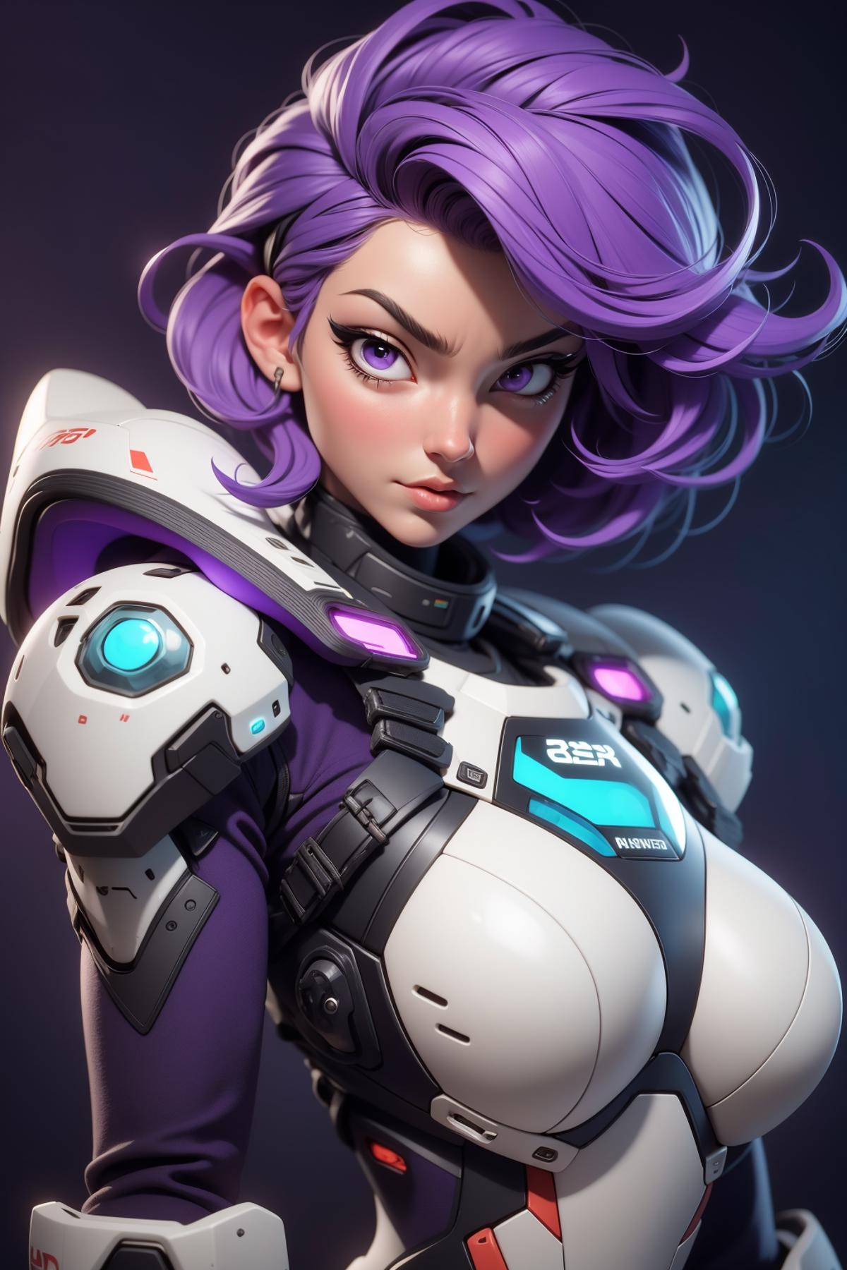 A purple haired woman with a futuristic outfit on.