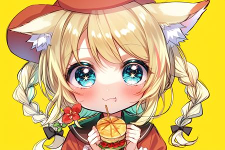 pinastyle, kamiyoshi rika, original, fuwafuwa-chan (kamiyoshi rika), 1girl, animal ears, aqua eyes, blonde hair, blush, braid, chibi, dress, fang, flower, food, fox ears, hat, holding, holding food, long hair, red dress, red flower, simple background, solo, twin braids, white hair, yellow background
BREAK
(symmetric), (exceptional, best aesthetic, new, newest, best quality, masterpiece, extremely detailed, anime:1.2), (sketch:1.2)