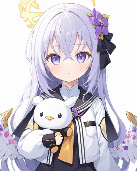 azusa \(blue archive\),1girl, hair_flower, halo, solo, simple_background, closed_mouth, looking_at_viewer, white_background, black_sailor_collar, upper_body, long_sleeves, purple_flower, dress, white_jacket, feathered_wings, stuffed_animal, school_uniform, black_ribbon, holding_stuffed_toy, hair_ribbon
<lora:azusa_(blue_archive)_image677_2023-11-18_spv-000025:1>,halo,. gorgeous,key visual, vibrant, studio anime,award-winning, professional, highly detailed,high budget, cinemascope