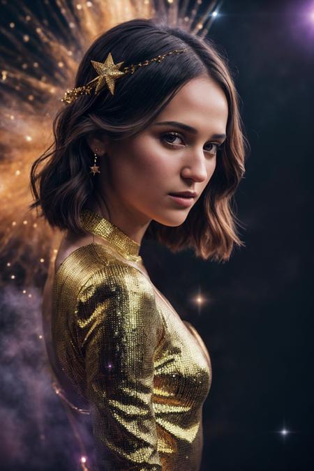 AliciaV_SoloTI_v1,
(Clad in gleaming golden armor, adorned with the Infinity Gauntlet, exuding an aura of unstoppable power), (A cosmic battlefield, with swirling galaxies and stars as the backdrop, alive with the energy of the universeâs might:1.3), (seductive:1.3),(analog, cinematic, film grain, hazy atmosphere, cinematic shot:1.3),
 <lora:add_detail:0.6>, PA7_Portrait-MCU,