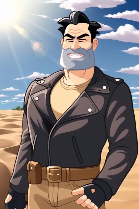 General Prompt: <lora:BenThrottle-v1-08:0.7>, ChopioBenThrottle, black hair, short hair, beard, facial hair, thick eyebrows, closed eyes, (looking at viewer:1.3), mature male, mature male, male focus, cartoon, Outfit_1: outfit_1, black jacket, leather jacket, long sleeves, green shirt, fingerless gloves, brown belt, leather belt, pouch, brown pants, knee pads, black boots, clothes writing, goggles,  motor vehicle, motorcycle, riding, 