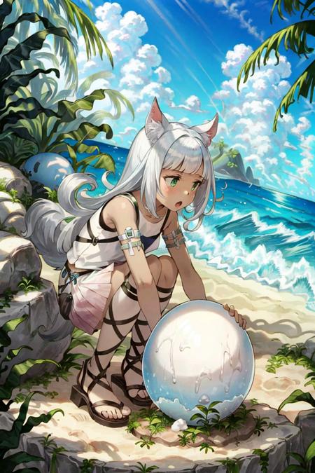 <lora:Ochette:1>, Ochette, 1girl, solo, green eyes, ocean, beach, giant egg, :O, looking away, standing, hands on own knees, masterpiece, best quality,