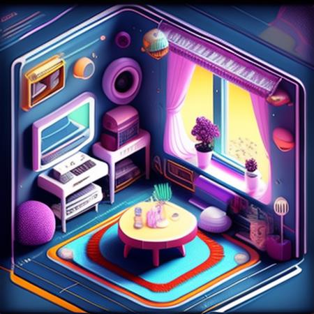 a photo of my Isometric_Dreams, a poster of a futuristic looking room with a table and chairs in it, and a tv set in the center