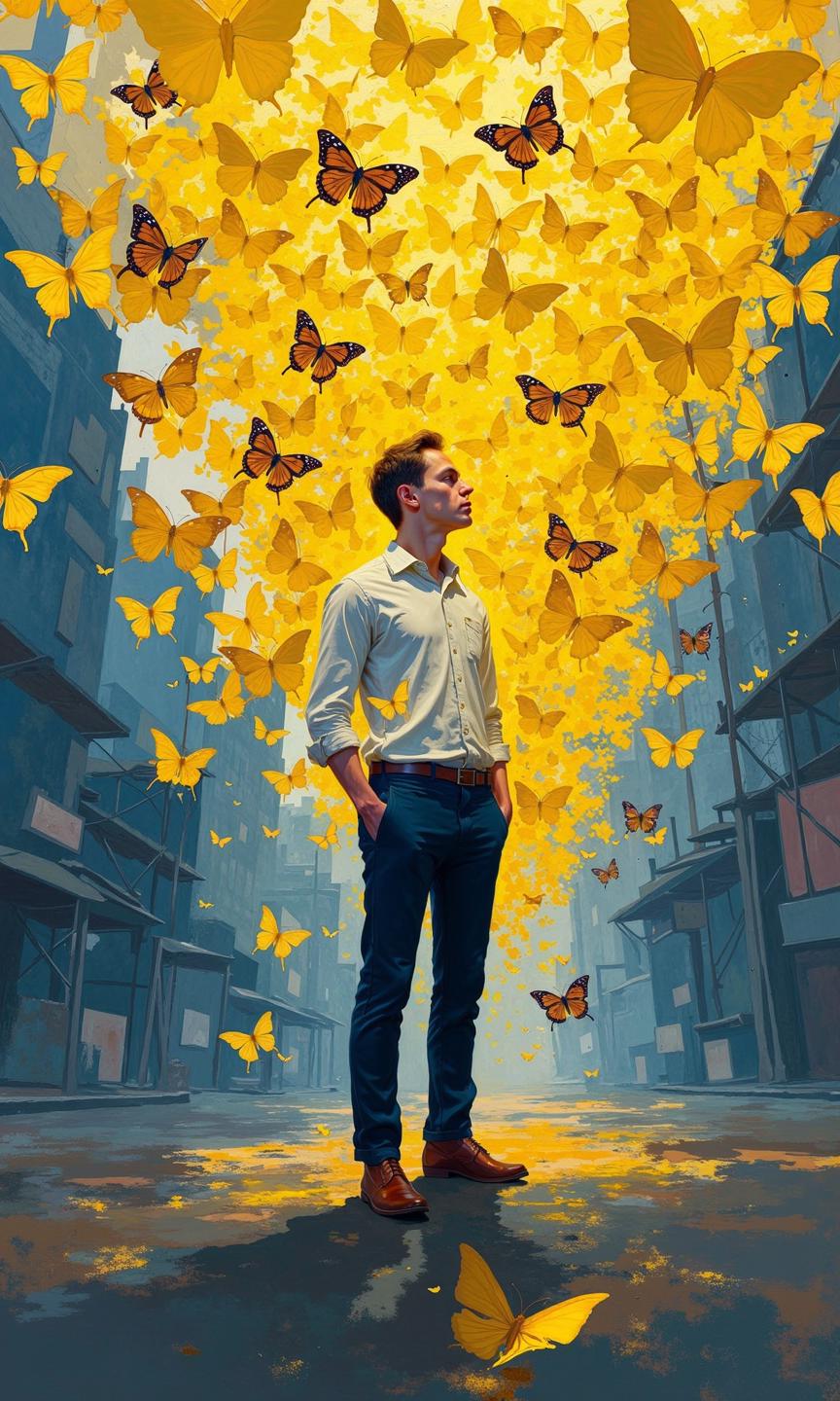 Full shot of a man standing amidst a multitude of yellow butterflies against a backdrop of muted blues and grays, suggestive of a city skyline.
The man is positioned in the center-right of the image,  his figure taking up a significant portion of the composition. He's light-skinned, and dressed in a light-colored, likely white, button-down shirt and dark blue pants. His posture is slightly turned, facing the viewer's right. His expression is contemplative or thoughtful, with his gaze directed slightly upward and to his right. 
The butterflies fill the space, predominantly in a vibrant yellow, creating a dense and somewhat abstract pattern. They are rendered in a style that evokes a painterly quality, with varying degrees of transparency and vibrancy. Some butterflies overlap others, and their wings are depicted with details, suggesting movement and life.
The background displays a cityscape with buildings and structures that are outlined in muted blues and grays, creating contrast with the yellow butterflies. The overall color palette is subdued. The ground appears wet, with reflections hinting at water or rain, and the ground plane is a mottled indigo. This color is overlaid and contrasted by the yellow butterflies, creating visual depth.
The perspective is such that the butterflies and city appear to stretch out before the figure, giving visual impact to the overall scene. The overall impression is that of a scene capturing a sense of movement, transition, and possibly a metaphor related to change, growth, or freedom, with yellow butterflies as a recurring visual motif.
<lora:FLUX-daubrez-DB4RZ-v2:1> DB4RZ, DB4RZ style painting