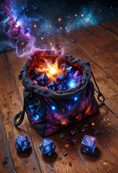 CosmicStyle, Close-up shot of a dice-bag laying on its side spilled on a worn wooden table, galaxy and cosmic dice filled with nebulas, star dust spilling out of bag, enchanted, forlorn magical universe dice, magic bag of tricks, wizards dice, emitting sparks and light, Macro photography, very colorful contents spilling out of bag, dark and warm environment, gaming dungeon, epic, fantasy art, realism, special effects, infinite universe inside bag