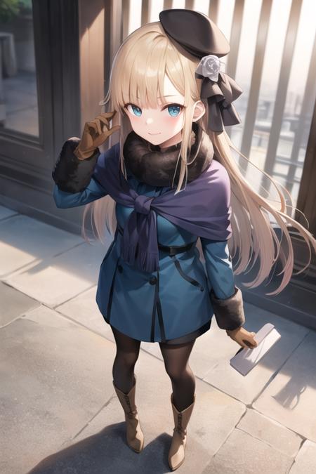 1girl, solo, masterpiece, best quality, <lora:reines:0.7>, reines, hat, long sleeves, scarf, gloves, jacket, headwear, looking at viewer, hair flower, brown boots, fur collar, fur trim, black pantyhose, full body,