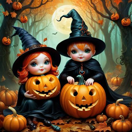 A cute chubby pumpkin couple with a scary witch art by Anna Dittmann, 
Greg Simkins, 
sarak kay, 
8k, 
complex environment, 
ornate, 
intricate, 
three-color, 
sharp focus, 
perfect composition, 
forest background