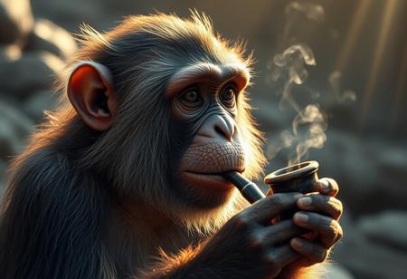a wise realistic monkey smoking a full gandalf style pipe with the entire pipe in the camera shot with perfect anatomy and no errors, HD masterpiece with ambient occlusion and intricate details, godrays and sunrays, ray tracing