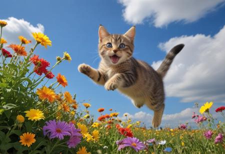 Highly detailed photograph of a tabby kitten leaping through the air above a field of colorful flowers. Side view. Floppy ears, floppy tongue, big eyes, very cute, very happy, joyful. Blue sky with fluffy clouds. Bright sun, (god rays).