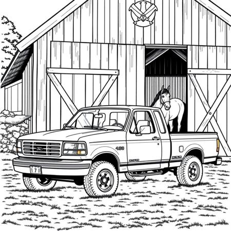 coloring page of a 1997 ford f150 pickup truck parked in front of a large barn with the doors open. a morgan horse can be seen in the barn.