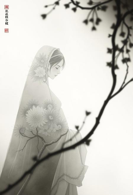 A serene, introspective female figure, sexy nun and vulnerable, is bathed in the soft, diffused light of a Japanese-inspired setting. The sumi-e ink wash painting style is employed to create a sense of subtlety and restraint, with gentle brushstrokes and muted tones. In the foreground, the subject's delicate form is rendered in subtle chiaroscuro, as if illuminated by a faint, otherworldly glow. The overall composition exudes a sense of quiet contemplation, inviting the viewer to step into the peaceful, zen-like atmosphere., masterpiece,best quality,official art, extremely detailed 8k wallpaper,absurdres,8k resolution