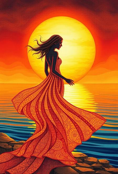 FOAM ART ZENTANGLE ART :: A Woman in a flowing blowing Foam dress standing by the river side, exquisite golden_glow of the giant setting Sun zentangle style, reflections, woman's dress shining luminously, highly imaginative exquisite whimsical fantasy Foam Art Zentangle Art in typical AI style, true representation of Foam Art Zentangle Art style