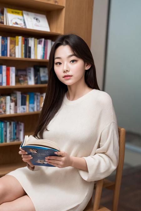 masterpiece, best quality,closed mouth, looking at viewer,  alluring, clean, beautiful face, pure face, pale skin, little smile, a woman sitting in a chair holding a cat in her lap and a book shelf behind her with books on it and a magazine rack behind her, <lyco:kang_mina:1>,