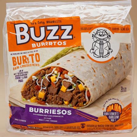 This is a photograph of a "Buzz Burritos" product packaging. The burrito is wrapped in a clear plastic wrapper with a purple and orange label. The label prominently displays the word "BUZZ" in bold, white letters, with the word "Burritos" in smaller letters below. The packaging features a tagline "3.4 lb" and "NET WT 3.4 lb." There are also images of the burrito's contents, including beef, cheese, and ranch. The background is a gradient of warm colors with a vertical striped pattern. The overall style is vibrant and eye-catching, with a focus on the product's large size.