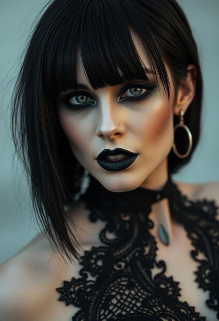 closeup portrait of goth vampire-esque woman mid 30s, thin fit, big boobs, jet black sleek hair, dramatic smokey eye makeup, high-neck black lace top, black lipstick, subtle tear-shaped face jewel, soft moonlight on pale skin, photorealistic  
closeup, photorealism, black hair, big boobs, thin fit, smokey eye, lace top, black lipstick, moonlight, face jewel
fullbigttgothgflady-mk.1