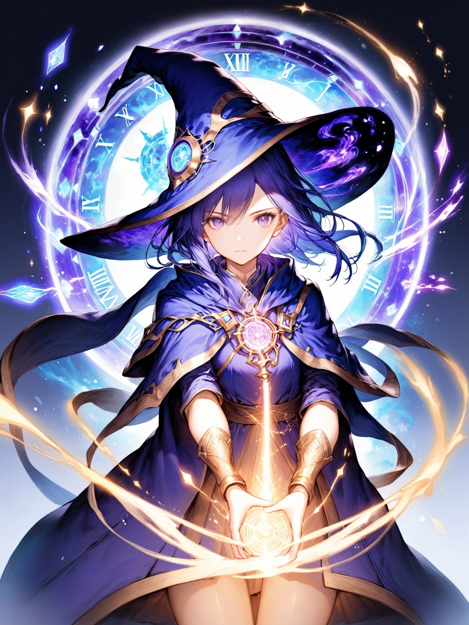 A witch with a blue hat and purple eyes holds a wand with a gold coin.