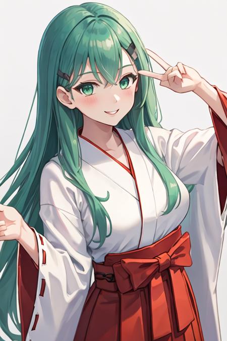 best quality, masterpiece, highres, solo, {white kimono:1.35}, {red hakama:1.35}, {wide sleeves:1.20}, {suzuya_kantaicollection:1.15}, long_hair, hair_ornament, aqua_hair, hairclip, blush, breasts, smile, aqua_eyes, green_eyes, hair_between_eyes, large_breasts, green_hair