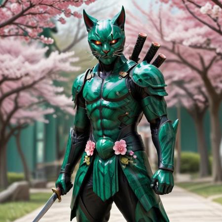 malachite_style, A realistic Samurai holding a pencil, solo, armor made of pencils, 1boy, male focus, holding, dual wielding, samurai, helmet made of pencils, horns, holding bunch of flowers, japanese armor made of malachite, light pink skin, red eyes, full body, fighting stance, Tokio background, tokio, Sakura tree, cherry blossom tree, tree, glowing, glowing eyes, sheath, standing, gloves, teeth, japanese clothes, white hair, shoulder armor, demon, looking at viewer, cat mask made of malachite, ponytail, fangs, sharp teeth, malachite shape armor