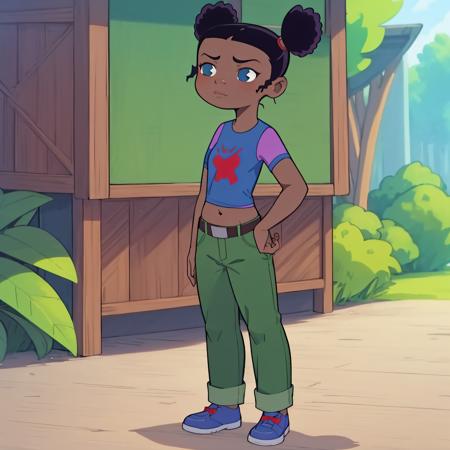 ((masterpiece, best quality)),solo,1girl,full body,  Trixie carter, dark-skinned female ,double bun, black hair, belt, blue shirt ,midriff,  <lora:TrixieCarter1:0.8>, green pants,forest, short sleeves,