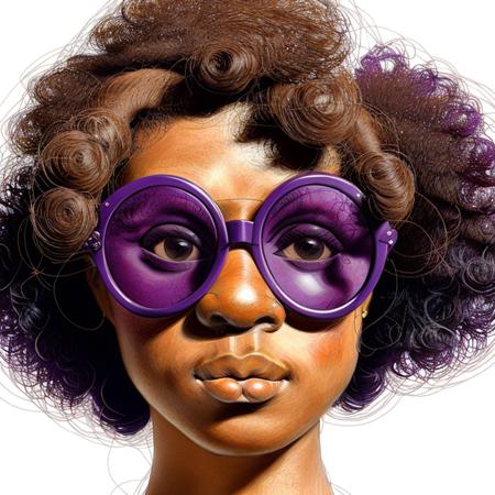 ebony Mona Lisa wearing purple sunglasses and ((curly afro hairstyle)), in Scribbled Pattern style  <lora:rabisco:1>