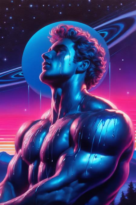 dall3test, vaporwave,  a portrait of a handsome 26 year old man  by Paul Kidby, at night under the stars, glowing gem necklace, energy lines, ð· ðððð¦,    colorful mountainscape, leaning back, chubby chest,  blue and pink theme with deep purple shadows obscuring his face. Mello mood, the portrait invokes a calming feeling,  there is deep contrast in the art, shooting stars in the background, stunning eyes,  <lora:dallepainttest:1.2>   <lora:add-detail-xl:2>