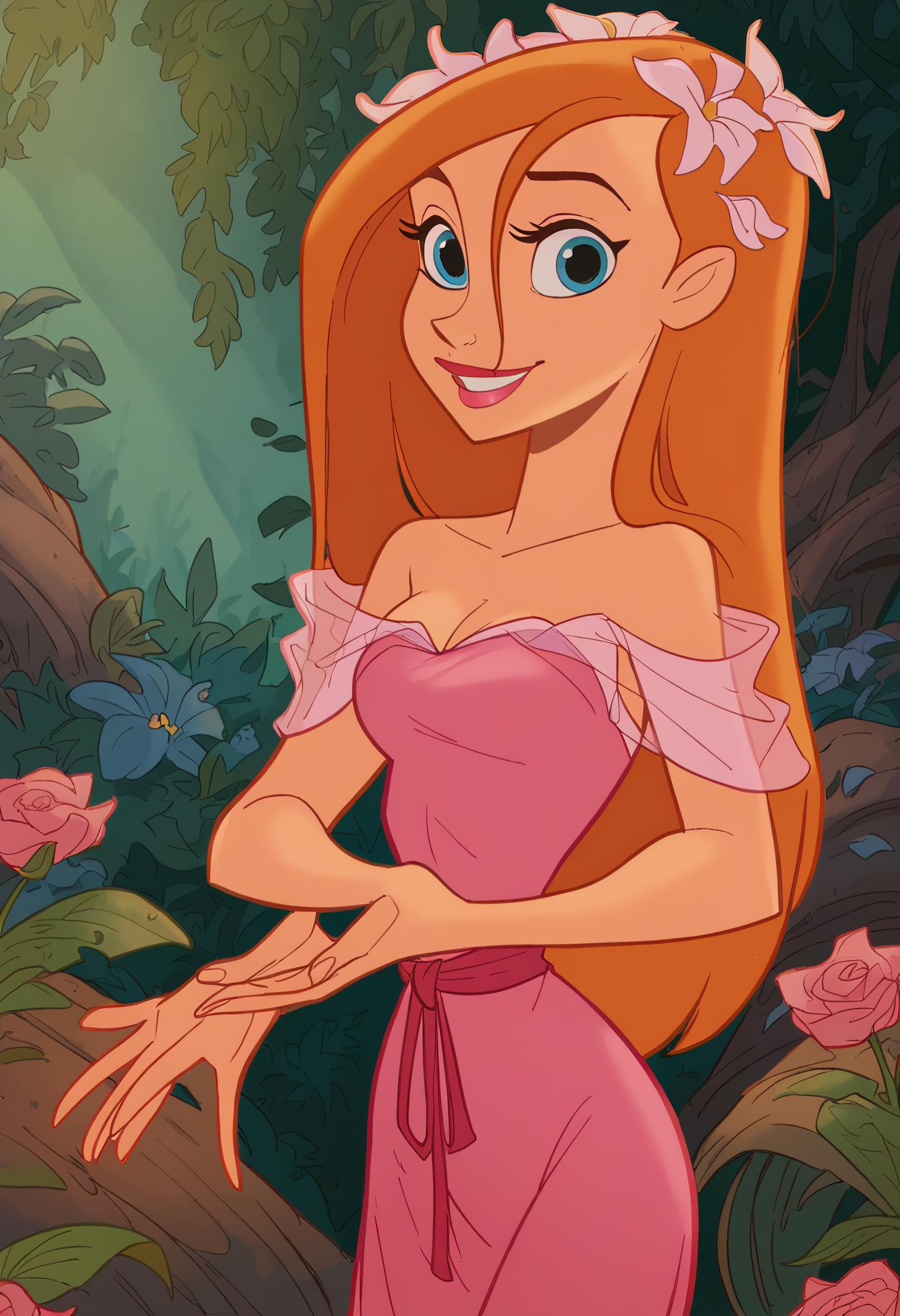 score_9, score_8_up, score_7_up,   giselle_enchanted standing straight looking at the viewer smiling, in a forest, long hair,  blue eyes, cartoon, arms at sides, pretty, cleavage,  1girl,cute cartoony style, tom bancroft style, pink dress, clear ribbons on arms, flowers in hair, cartoony stylized proportions, big head and eyes, slim waist