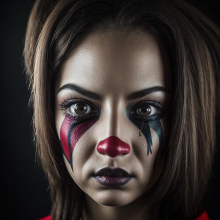 . close up of a scary brazilian female cyberpunk clown on a Circus background bycircus background, a character portrait, trending on deviantart, dark atmoshopere, riot entertainment realistic, techno, peter hurley, costume design, taken with hasselblad H6D 100c, the HCD 24mm lens, old master
 photorealistic, cinematic lighting, volumetric lighting, dark atmosphere, soft lighting,