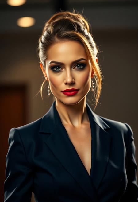 A sultry, commanding 40-year-old businesswoman, exuding an aura of power and desire. Draped in a tailored, midnight blue power suit, she commands attention with her confident stride and smoldering gaze. Her sleek, professional updo frames her face, drawing attention to her full lips and sultry eyes. A smoky eye and a hint of red lipstick add a touch of alluring mystery, while her flawless skin and perfectly arched brows exude timeless elegance. The soft glow of the studio lights illuminates her confident expression, hinting at a passionate drive and a ruthless ambition beneath her composed exterior. Photograph style: High-end fashion editorial, dramatic lighting, sharp focus.