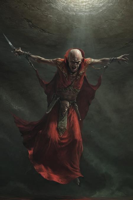 photorealism, darkness, from below, indoors, view of ceiling, w4lkh1r4htep waldakir rahtep, bald old male levitating on the ceiling, looking down, monster, arms spread, holding a dagger, flowing cape, wrinkles, sharp teeth, sunken eyes, sunken cheeks, red robe, high collar, crown, bracelet, <lora:Waldakir Rahtep, Necrach Vampire_epoch_18:0.8>, intricate details, high resolution,