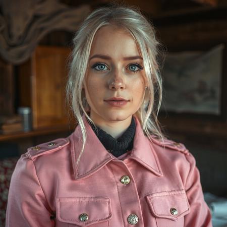 iphone 8 photo of Oksana Akinshina, silver blond hair, green eyes, wearing a pink military uniform, in an old slavic cabin, grainy footage, lots of freckles, serving an english breakfast