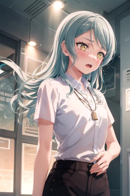 <lora:SayoHikawa-10:0.7>,sayobd, 1girl, solo, long hair, blush, open mouth, shirt, jewelry, green eyes, yellow eyes, white shirt, upper body, short sleeves, collared shirt, indoors, necklace, aqua hair, floating hair, lens flare, pendant