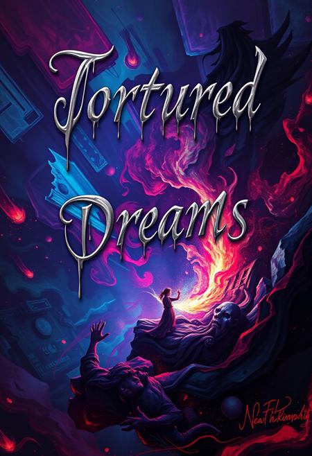 A vivid digital art piece depicting the dreams of a schizophrenic, written above the main focus of the image in bleeding elegant calligraphy lettering are the words "Tortured Dreams"