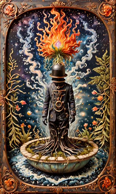 Kay Nielsen and René Magritte illustration of a fashionable android, emerging from an embryonic nebula colorful iridescent liquid, a rising creature bathes in cosmic flame, plants floating against a blue sky background, steampunk television set, cyberpunk psychedelia, decorated by mushroom and floral calligraphic Art Nouveau flourishes  <lora:Surreal_World:1> <lora:artfully4QUAD_SDXL_V1:1>
