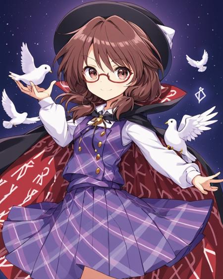 usami sumireko,1girl, glasses, dove, solo, cape, smile, red-framed_eyewear, vest, long_sleeves, hat_removed, hat_bow, looking_at_viewer, school_uniform, plaid_skirt, shirt, holding, runes, ahoge, clothes_writing
<lora:usami_sumireko_image1686_2023-12-20-000014:1>,star-shaped_pupils,symbol-shaped_pupils,. gorgeous,key visual, vibrant, studio anime,award-winning, professional, highly detailed,high budget, cinemascope