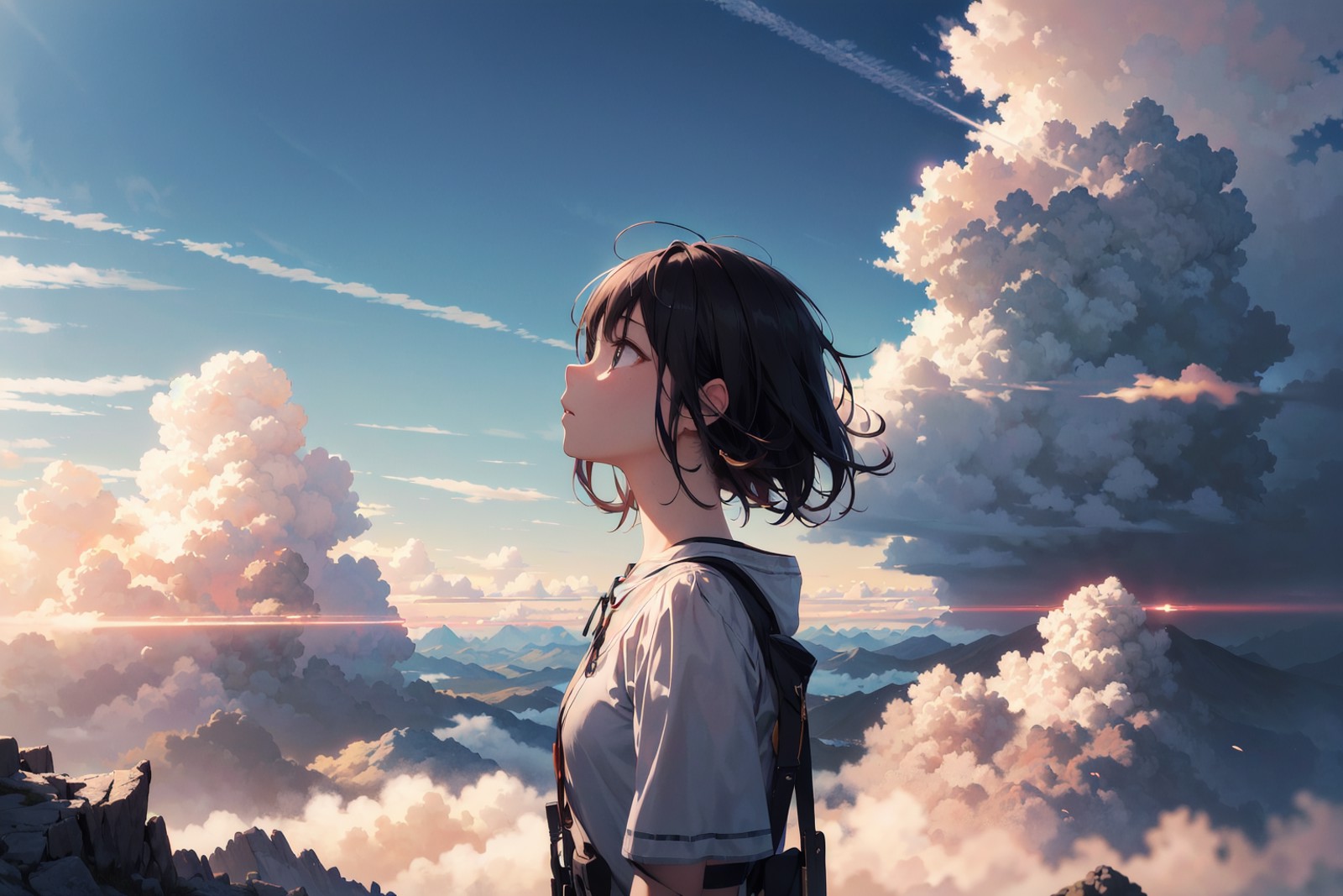 absurdres, highres, (official art, beautiful and aesthetic:1.2), close view,
shining sky, vast world, girl, gazing, awe-in...