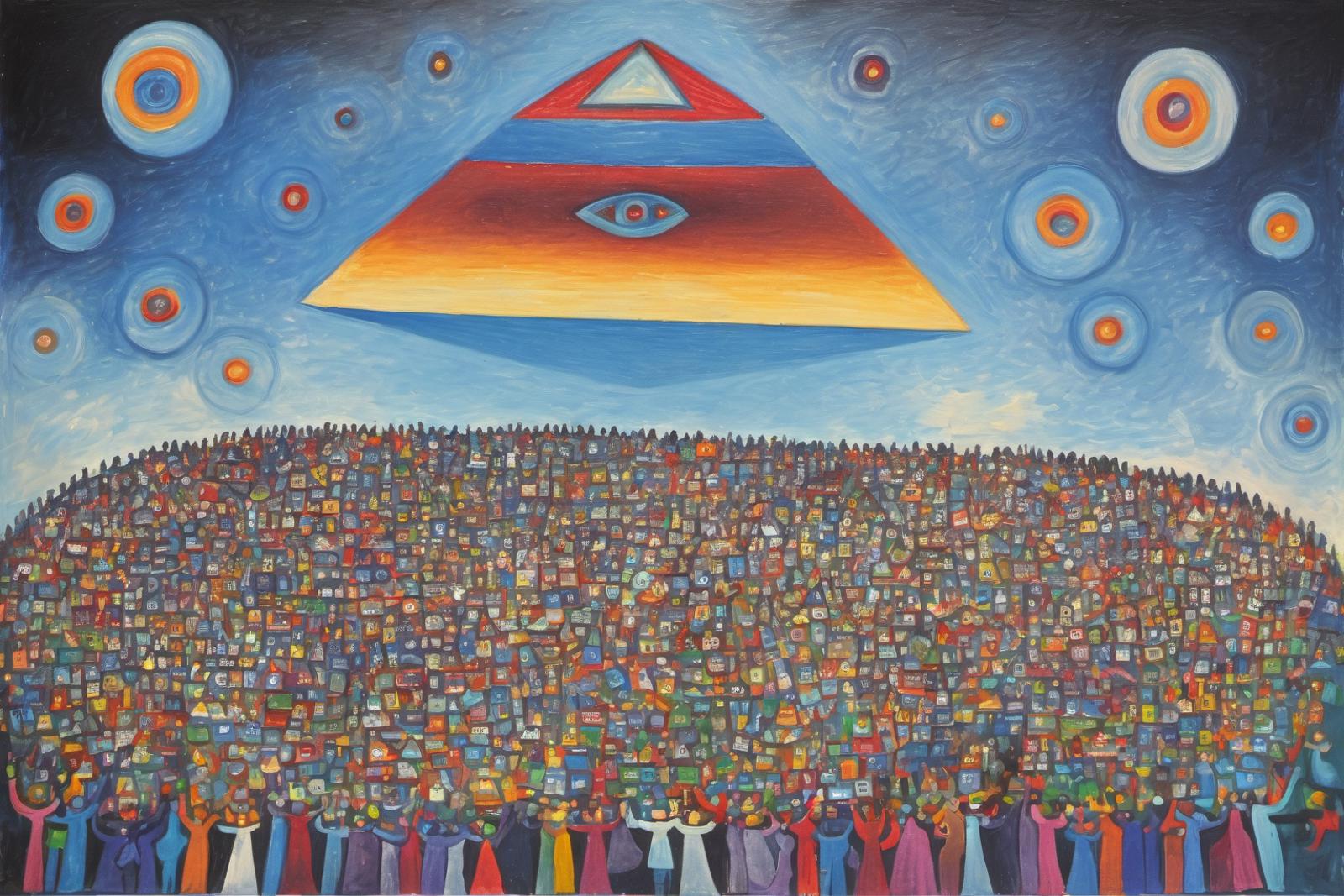 A large painting of a crowd of people with an eye in the sky above them.