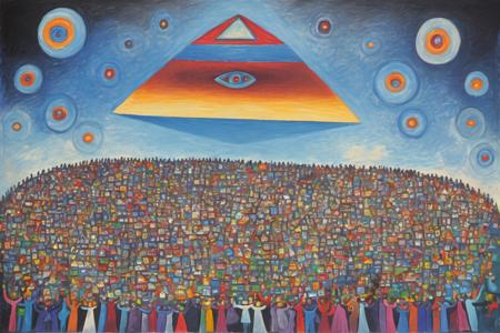 p1c4ss0, a (((abstract cubism painting of a Illuminati UFO in the sky made out of square and round shapes))), beaming up people, lots of people stand and watch