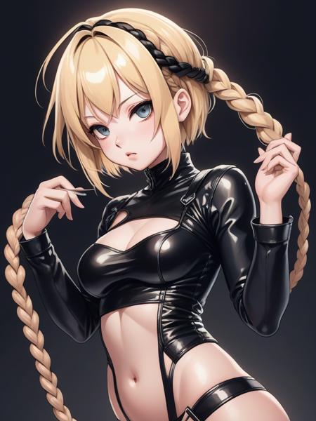 Anime horny blonde woman in black leather and latex, with a short hair (holding:1.2) her detatched (cut off braid:1.2) <lora:extreme_haircut-000124:1>