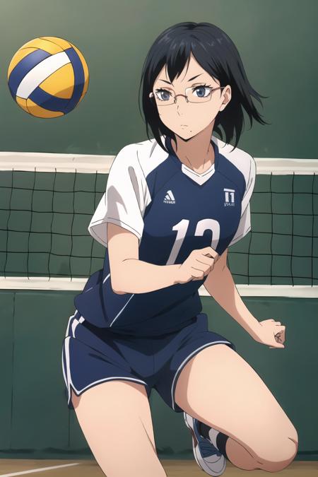 ((best quality)),((highly detailed)),masterpiece,absurdres,detailed face,beautiful face,(detailed eyes, deep eyes),(1girl),((dynamic pose)),  <lora:KiyokoV1:0.6>,Kiyoko, 1girl, solo, glasses, black hair, mole, mole under mouth, grey eyes, bow, short hair,volleyball game, sporty attire (volleyball outfit: shorts, jersey),  net in the background, dynamic pose, focused expression, spirited gameplay, sunny weather, detailed face, athletic prowess