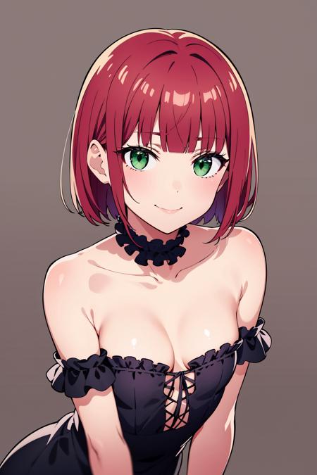 (masterpiece), best quality, expressive eyes, perfect face, solo,
short hair, wavy hair, red hair, green eyes, flat chest, blunt bangs, seductive smile, dress, frills, cleavage, choker, fishnets, eye focus, strapless,
simple background,