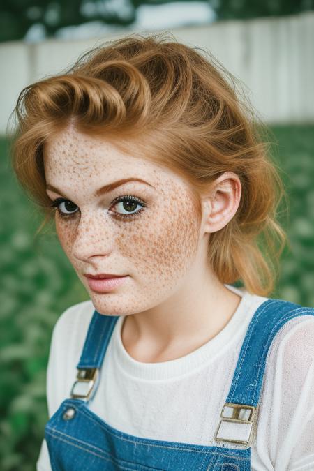 photography of an (closeup portrait) woman, realistic <lora:FayeReagan3:1>  wearing overalls white shirt on farm, vibrant colors [freckles]